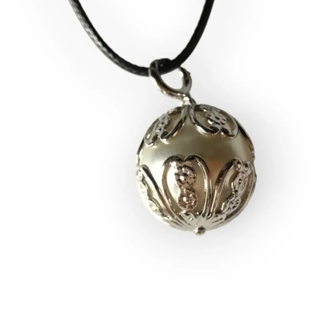 Silver faux pearl filigree ball pendant necklace